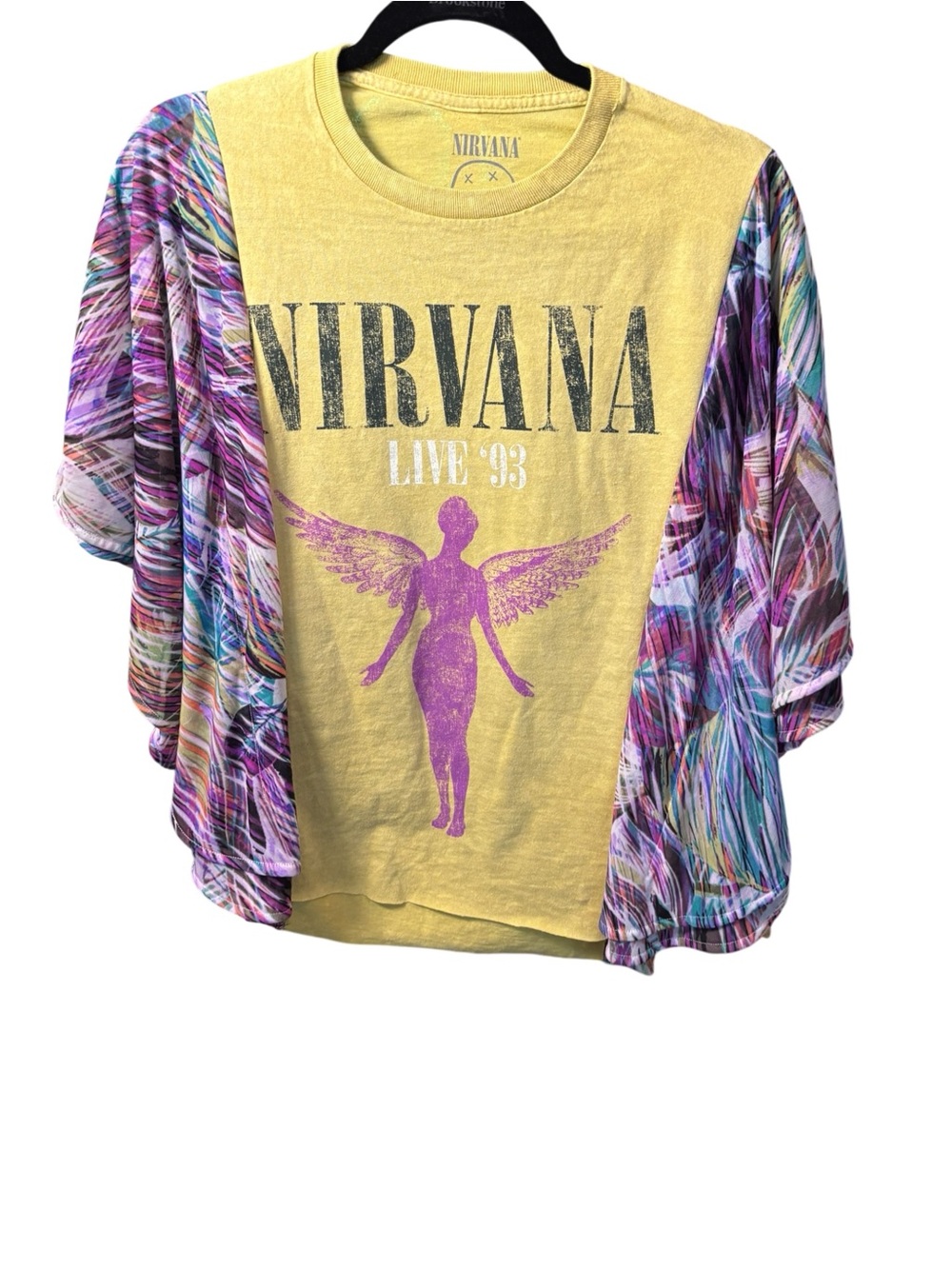 NIRVANA Yellow Tee with Pink Angel and Multicolor Boho Upcycled Draped Sleeves
